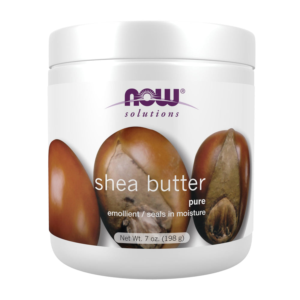 NOW Foods Shea Butter jar closeup showing rich texture for hydration.