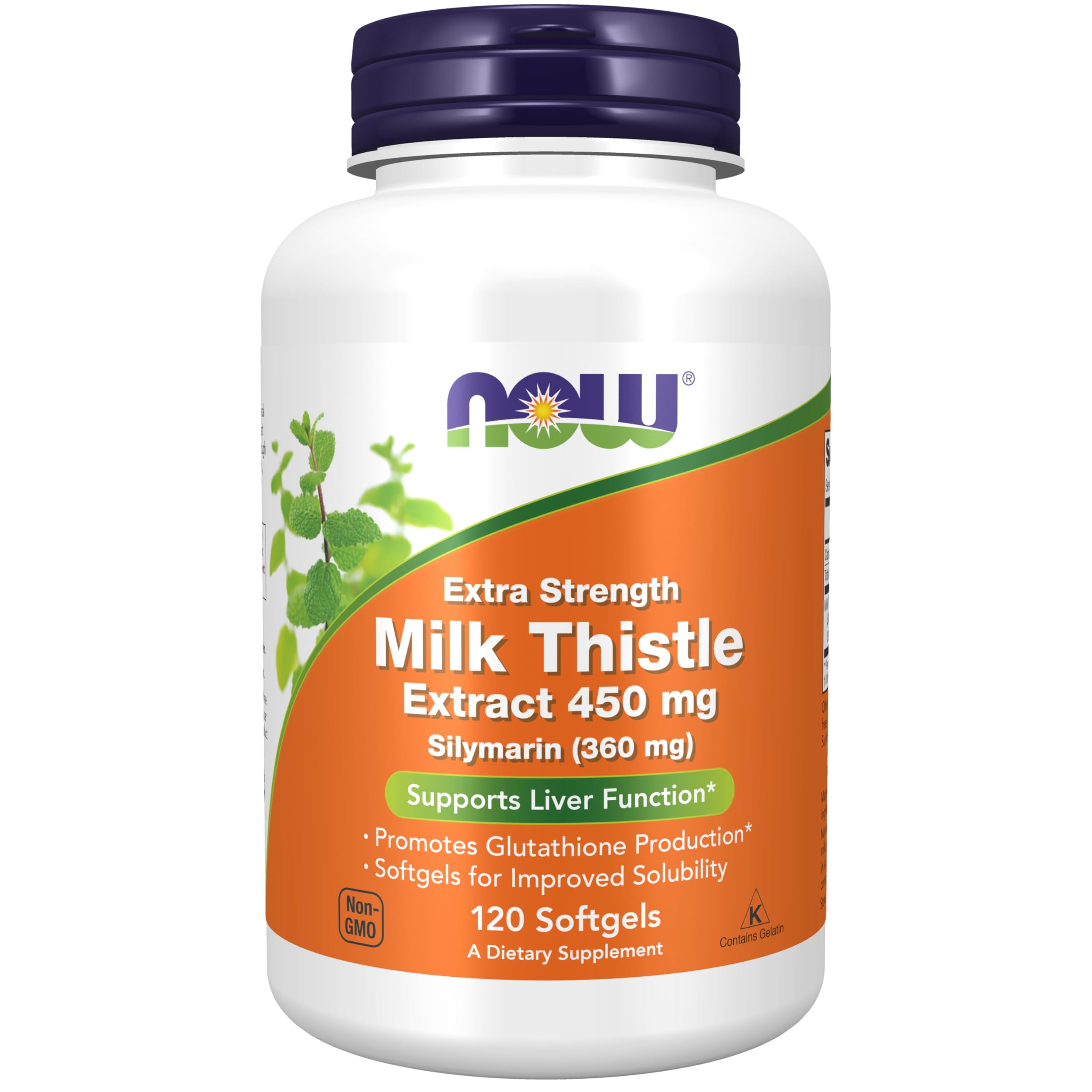 NOW Foods Silymarin Milk Thistle Extract bottle label with 450 mg softgels