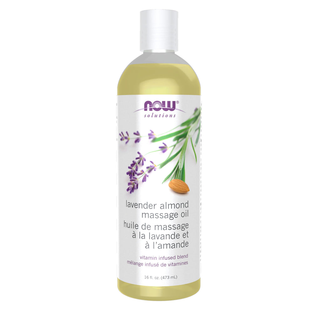 NOW Foods Lavender Almond Massage Oil bottle, 16 oz – front view