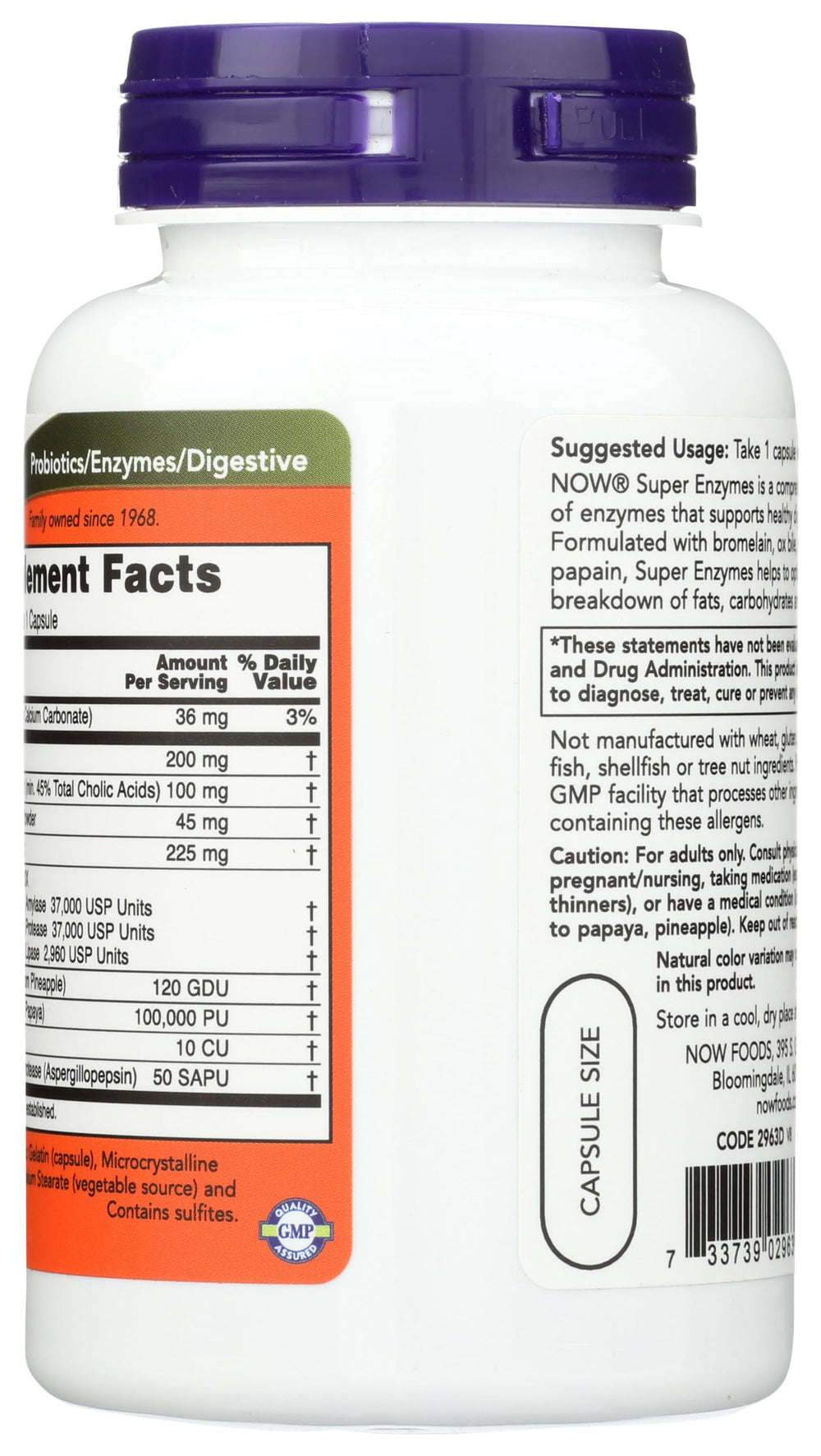 Close-up of NOW Foods Super Enzymes bottle and label