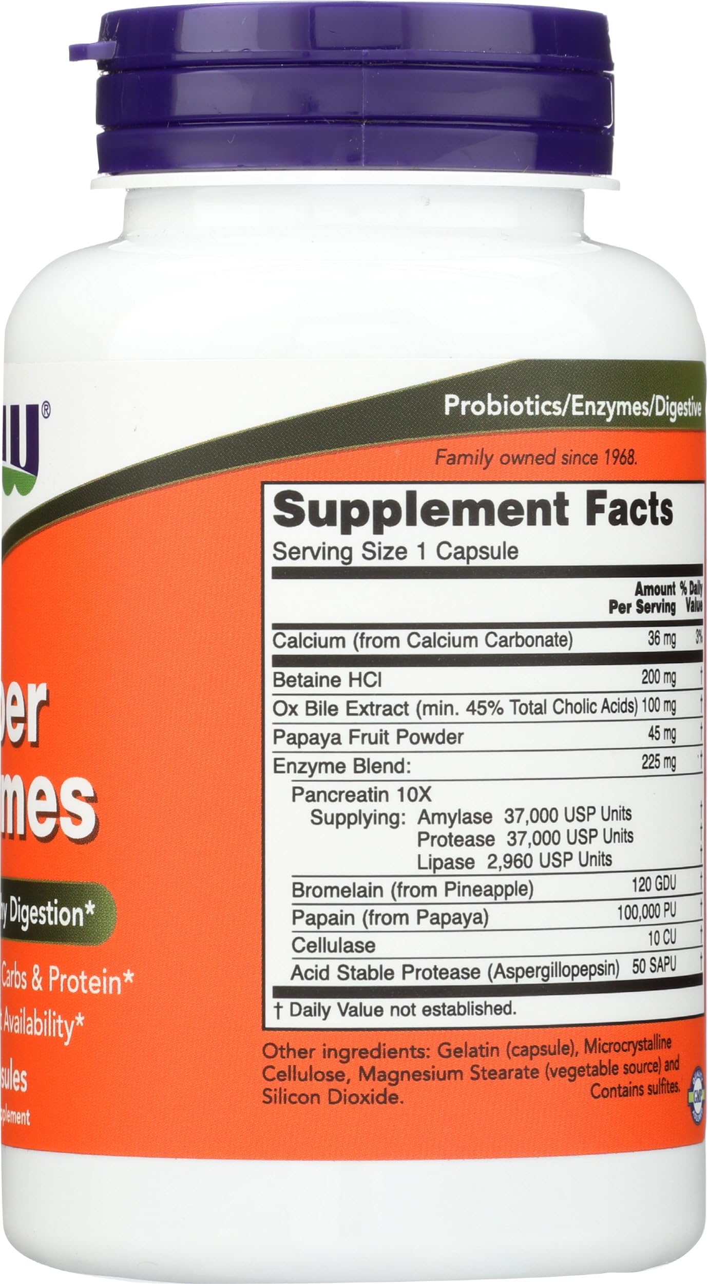 NOW Foods Super Enzymes bottle with UPC 733739029638