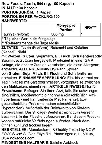 NOW Foods Taurine 500 mg bottle label and supplement facts