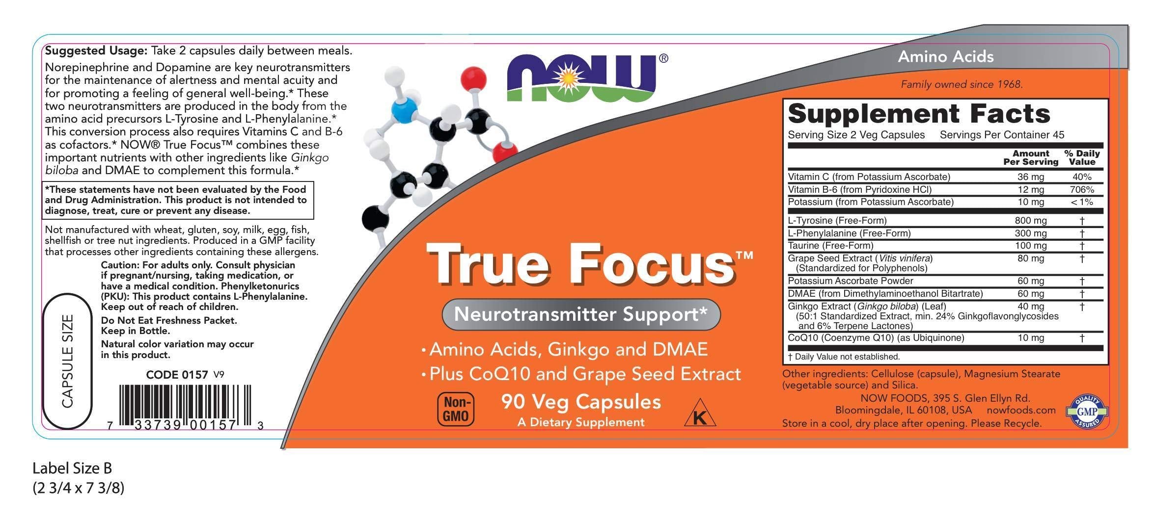 Close-up of True Focus ingredients including amino acids, Ginkgo, DMAE and CoQ10