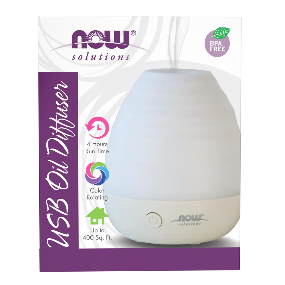NOW Foods Ultrasonic USB Diffuser plugged into laptop for portable aromatherapy on the go