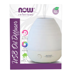 NOW Foods Ultrasonic USB Diffuser plugged into laptop for portable aromatherapy on the go