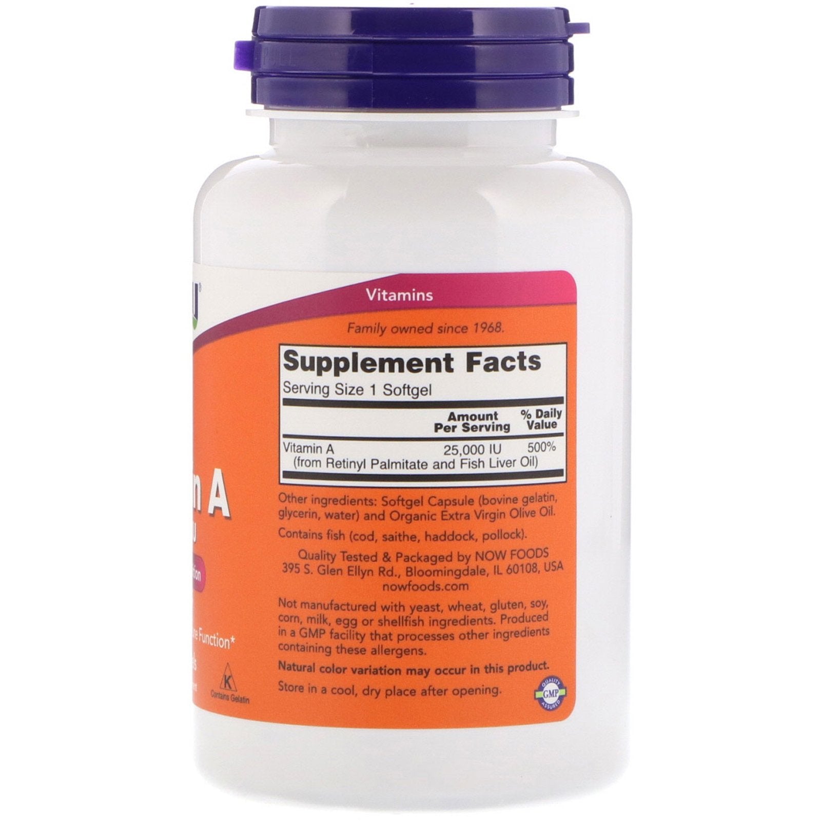 Close-up of Now Foods Vitamin A bottle label showing 25,000 IU per softgel