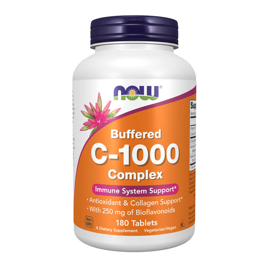 NOW Foods Vitamin C-1000 Complex bottle front view – 180 vegan tablets