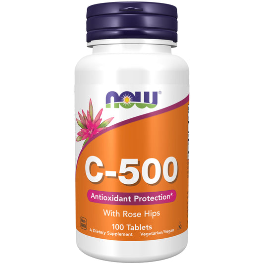 NOW Foods Vitamin C-500 with Rose Hips bottle – front view