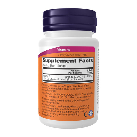 Label showing Vitamin D-3 2000 IU and product certifications