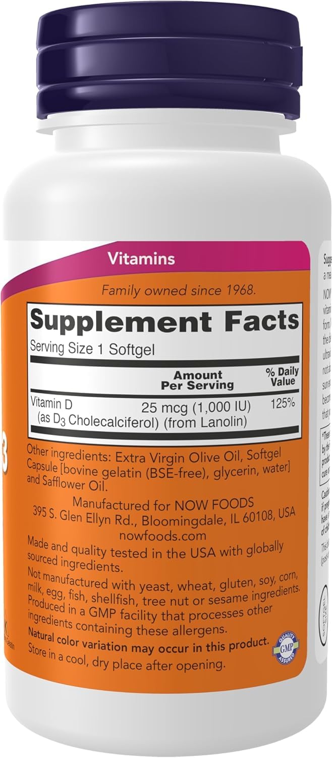 Close-up of NOW Foods Vitamin D-3 Softgels bottle label