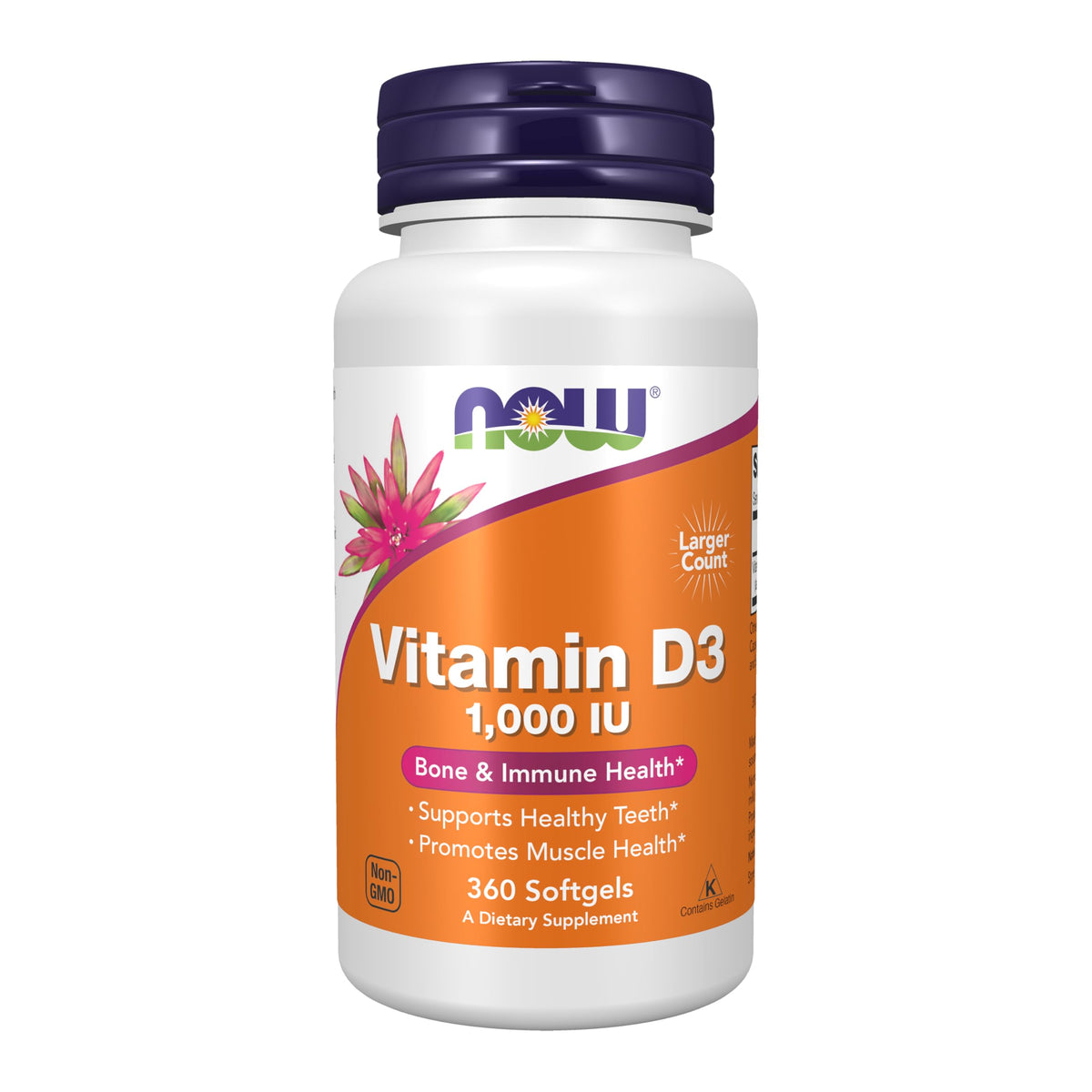 NOW Foods Vitamin D-3 1,000 IU softgels bottle front label