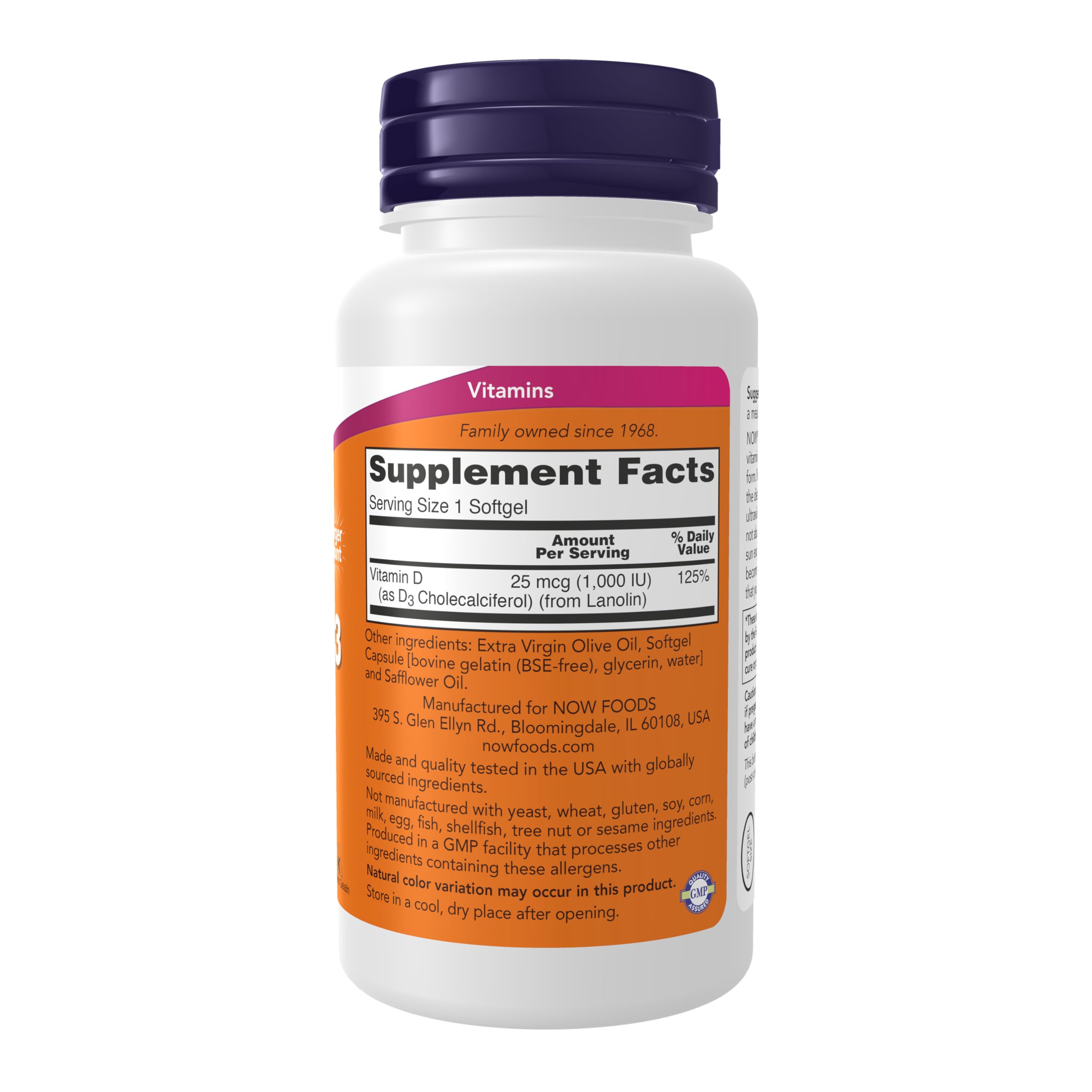 Close-up of NOW Foods Vitamin D-3 1,000 IU softgels