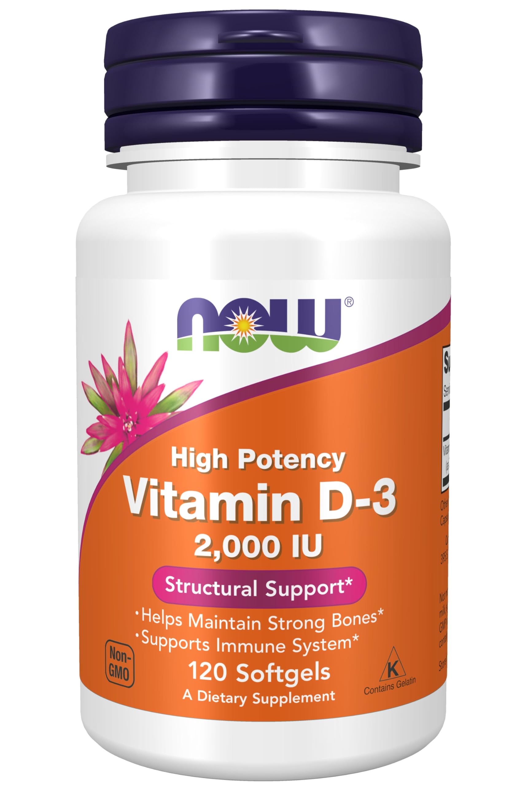 Now Foods Vitamin D3 2000 IU Softgels bottle and capsules