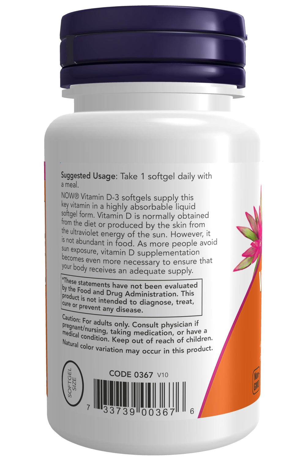 NOW Vitamin D-3 softgels packaging and label