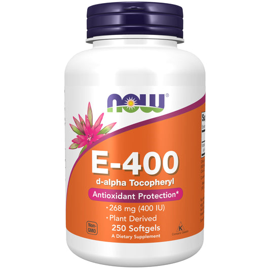 NOW Foods Vitamin E-400 IU D-Alpha Tocopheryl softgels bottle – front