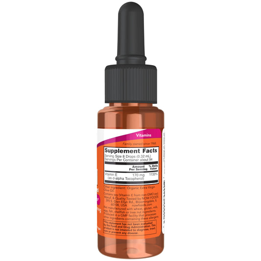 Close-up of NOW Foods Vitamin E-Oil liquid bottle
