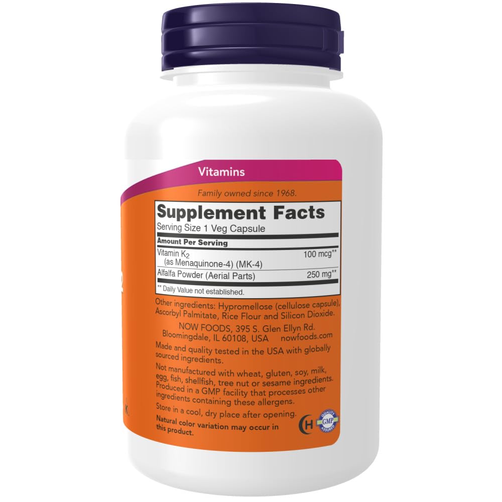 NOW Foods Vitamin K-2 250 Veg Capsule bottle back label