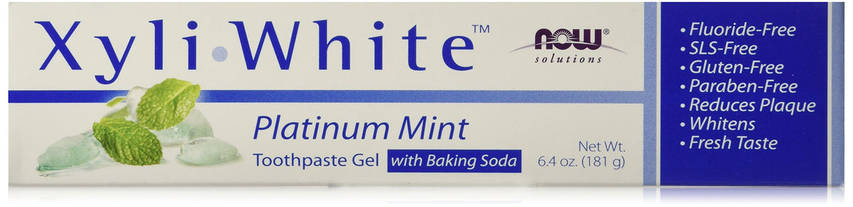 Now Foods XyliWhite Platinum Mint toothpaste packaging with baking soda, 6.4 oz tubes, pack of 4