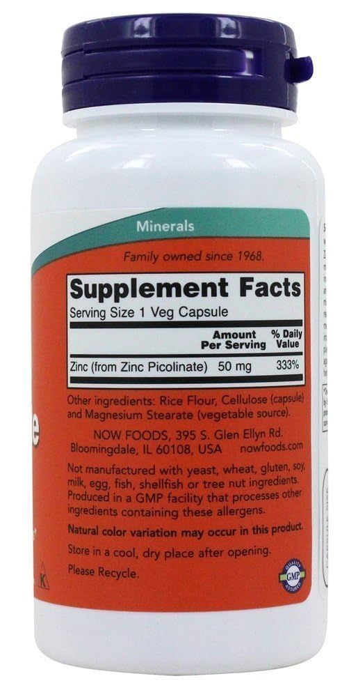 Close-up of NOW Foods Zinc Picolinate 50 mg capsules