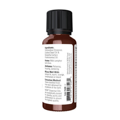 NOW Frankincense Oil Blend 1oz bottle label showing 20% frankincense in jojoba