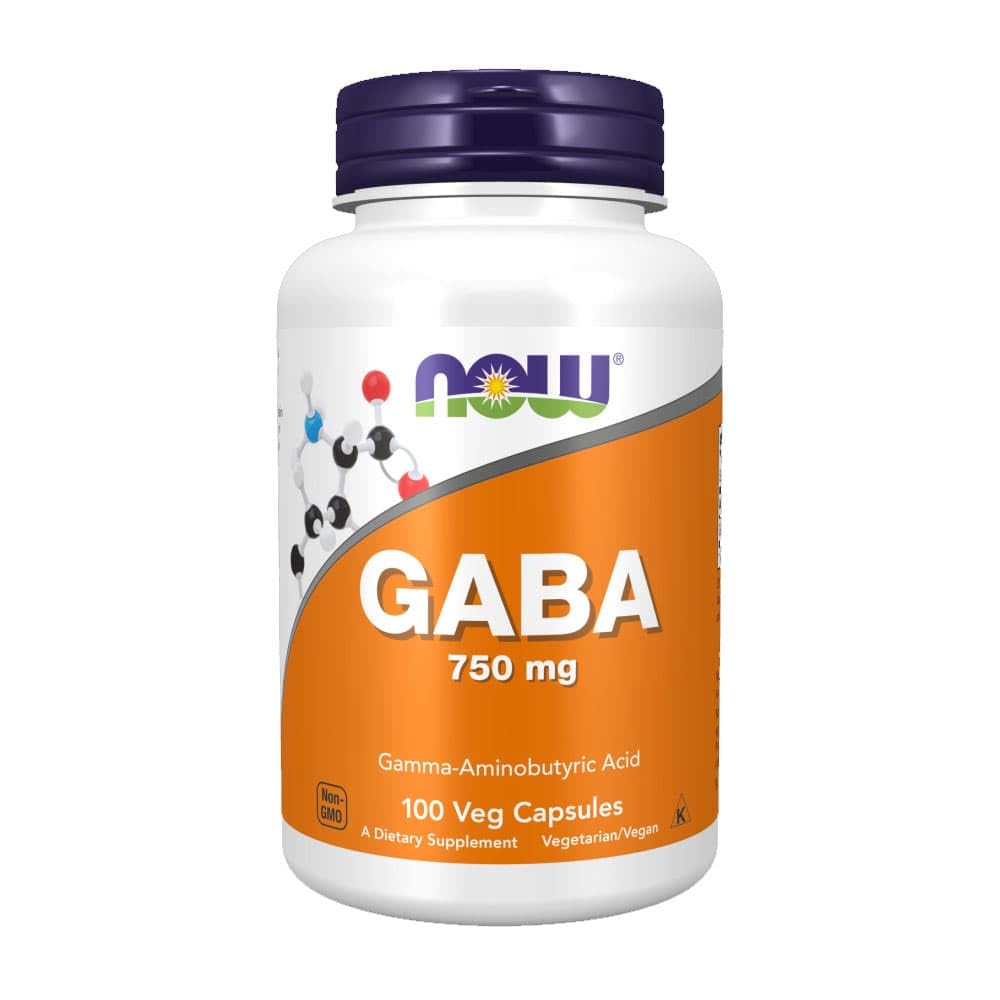 Now Foods GABA 750mg bottle label with 100 vegan capsules