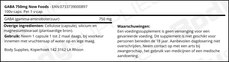 Close-up of Now Foods GABA 750mg vegan capsules bottle