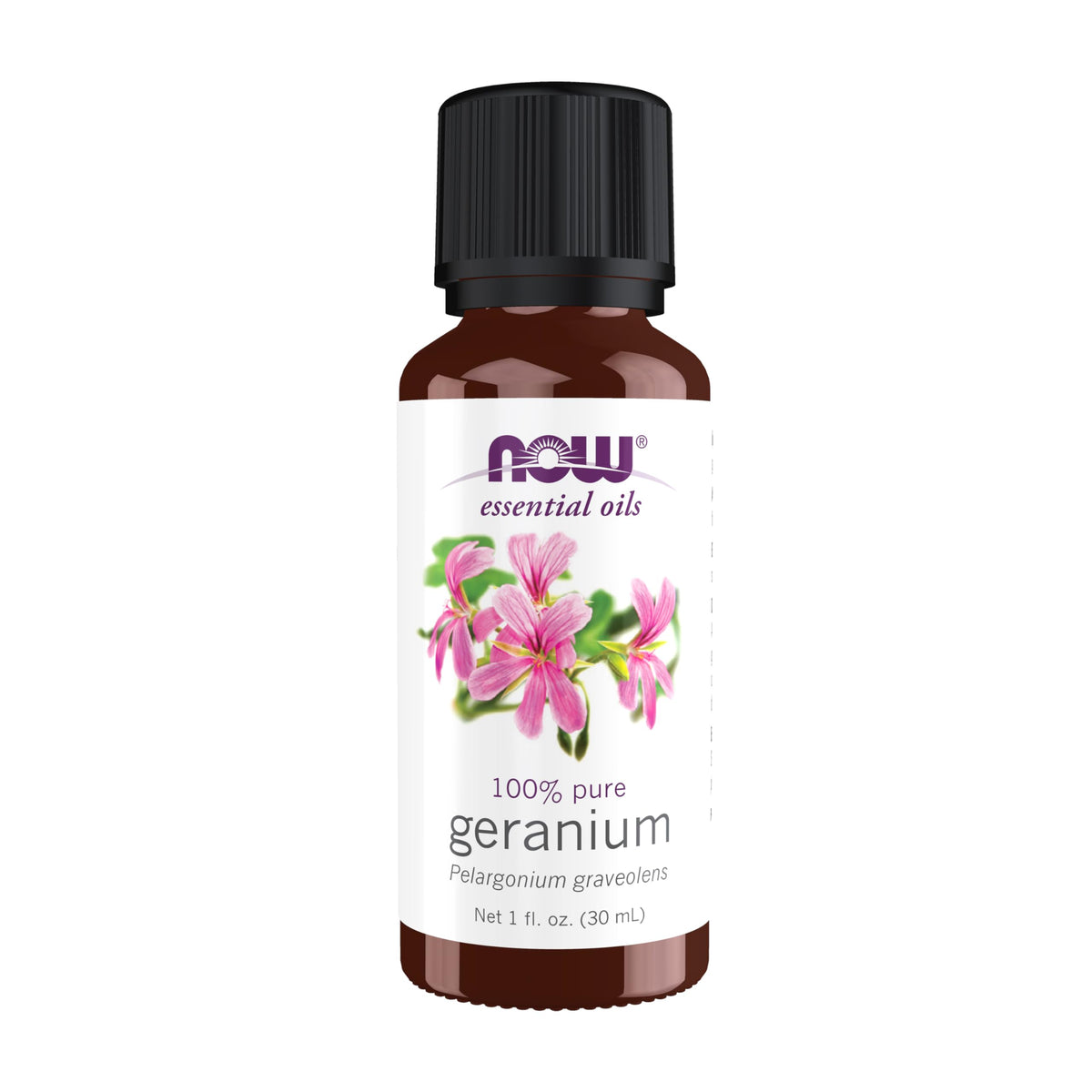 NOW Geranium Essential Oil bottle front view - 1 oz