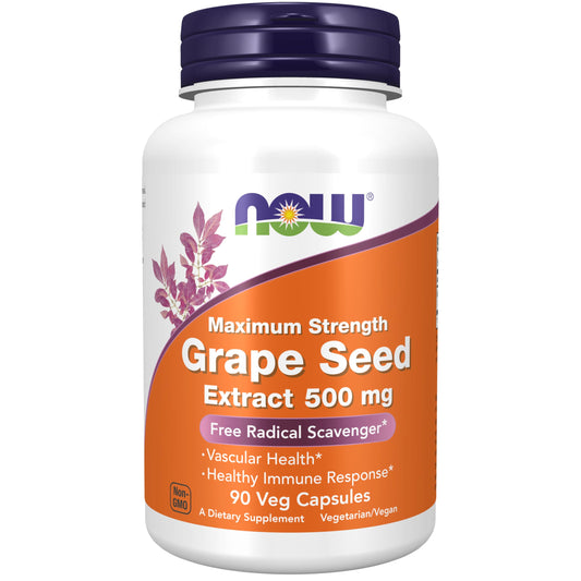 NOW Grape Seed Extract bottle and capsules - 500 mg, 90% polyphenols