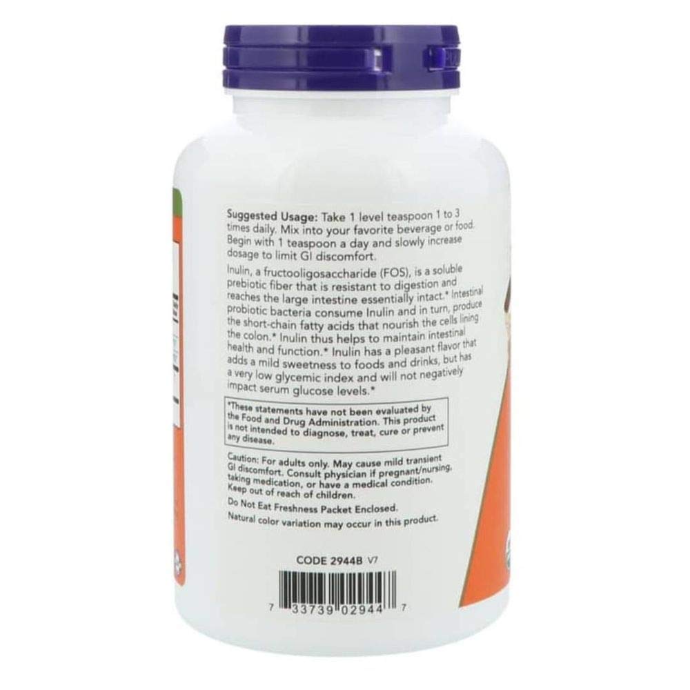 Nutrition facts label close-up for NOW Inulin Prebiotic Fos