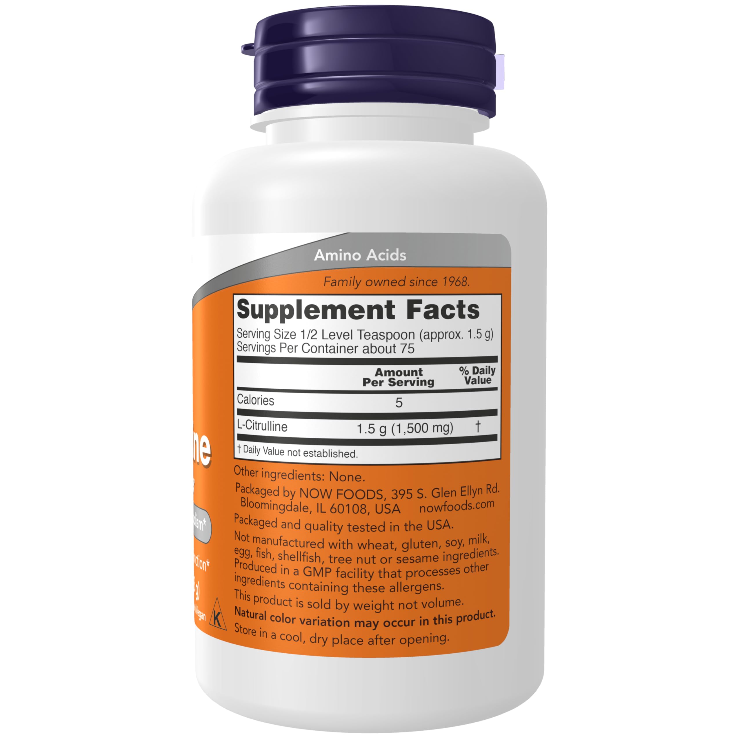 NOW L-Citrulline Pure Powder 4 oz back label detail