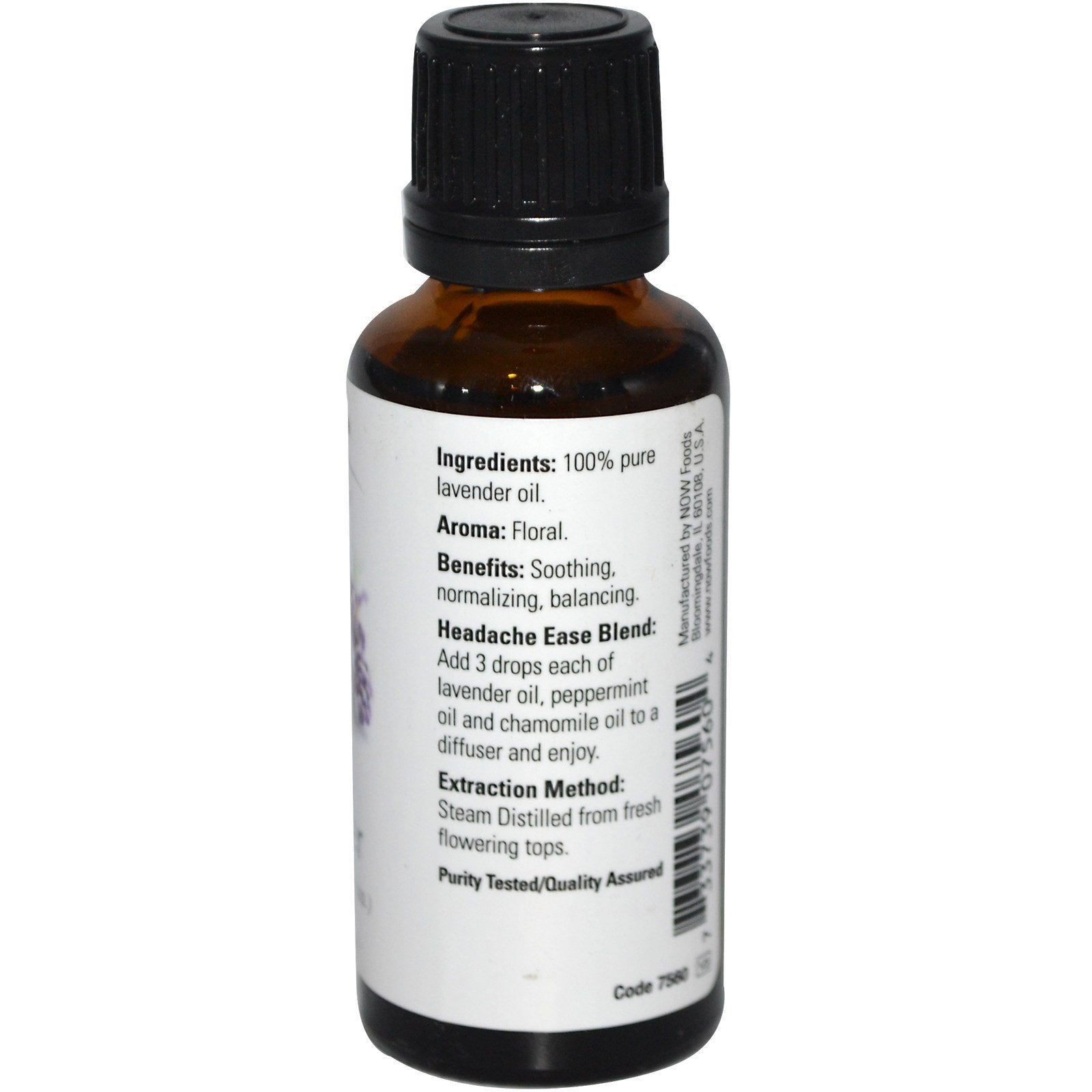 Close-up of NOW Lavender Oil bottle label