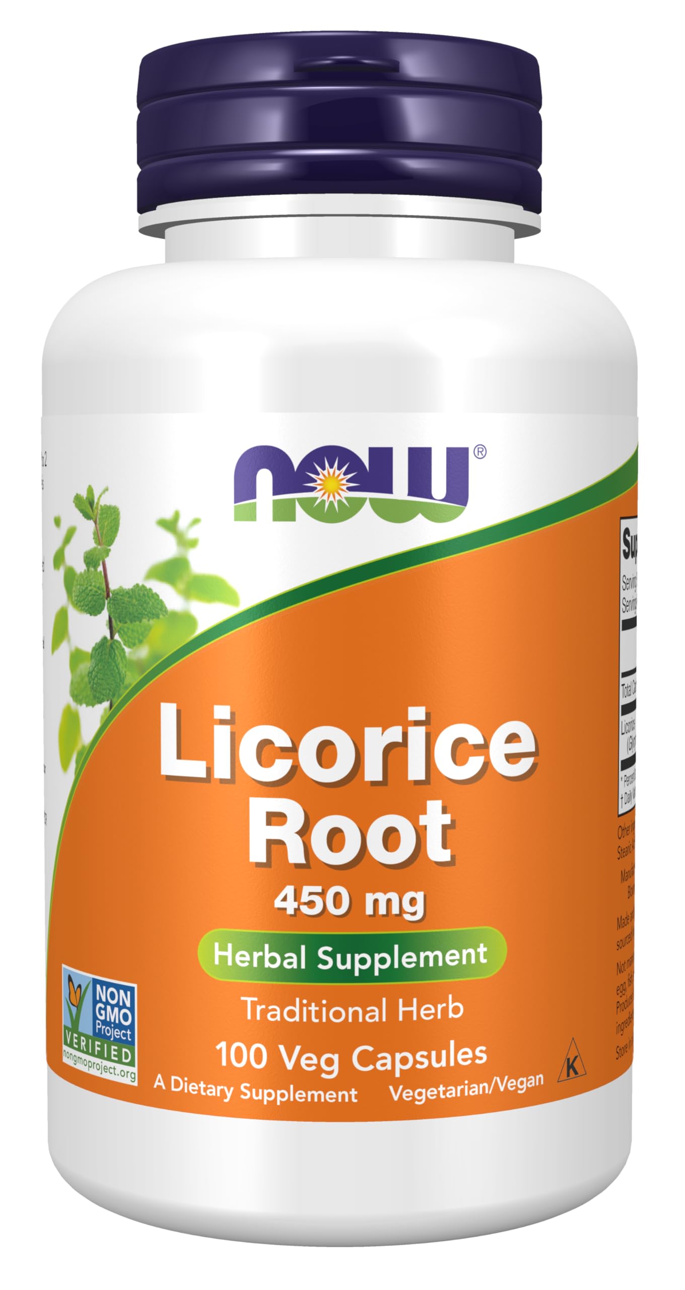 NOW Licorice Root 450 mg bottle with 100 vegan capsules