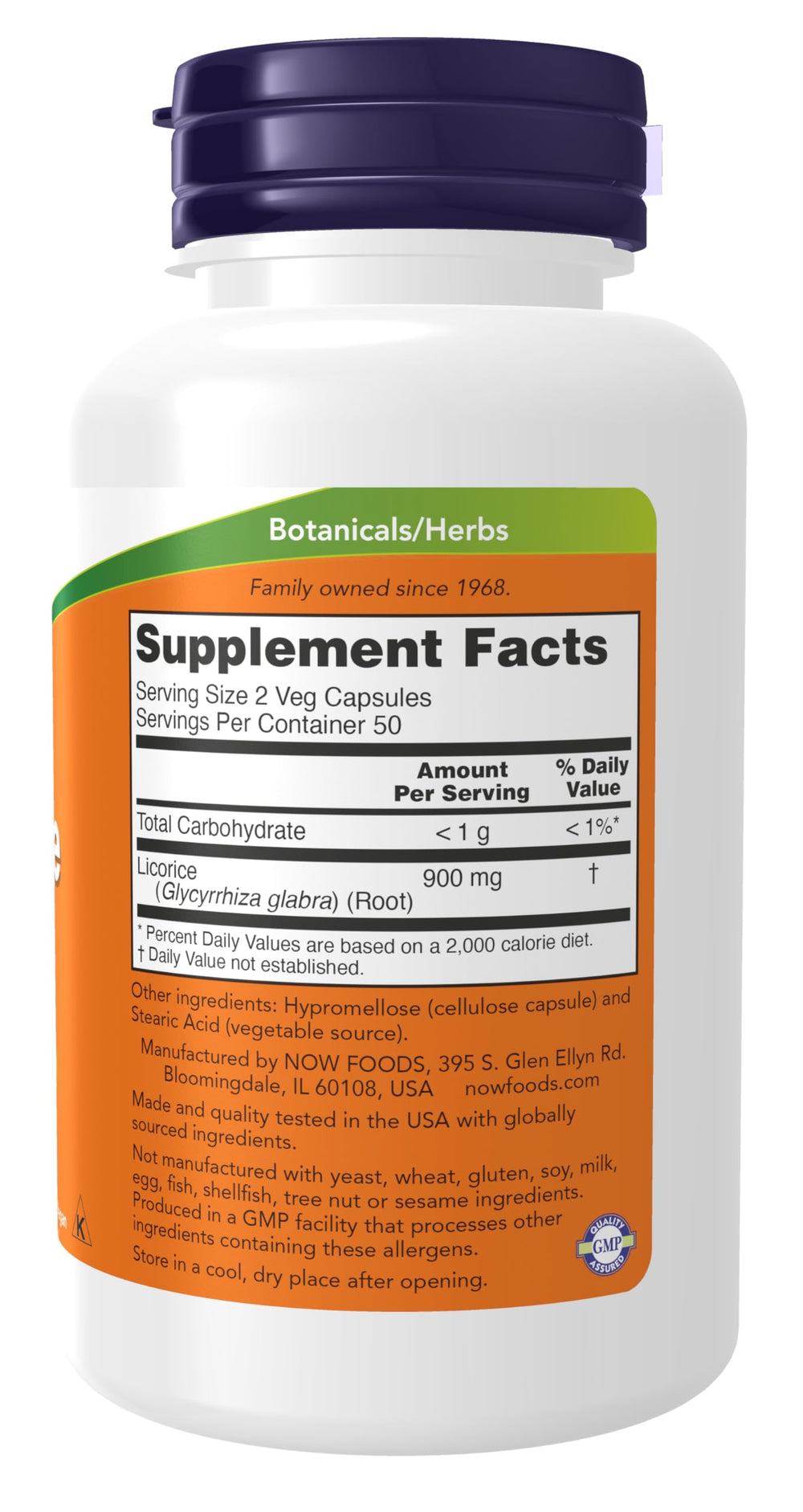 Glycyrrhiza glabra licorice root ingredient label on NOW bottle