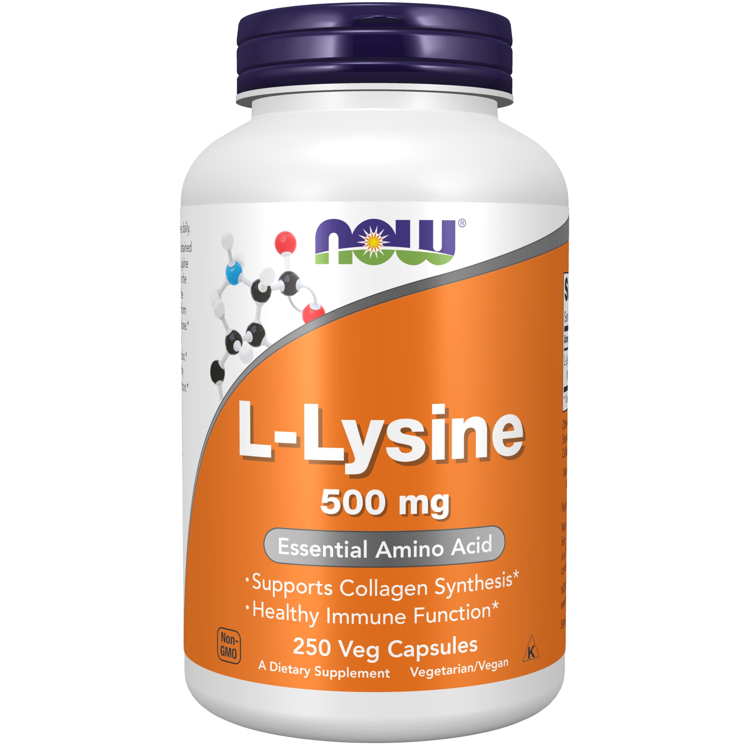 NOW L-lysine 500 mg bottle and capsules