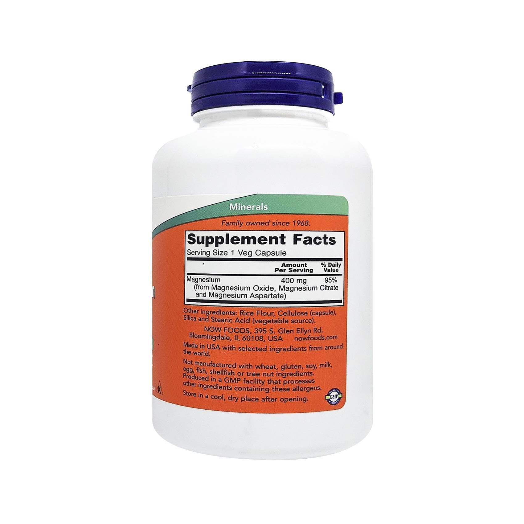 NOW Foods Magnesium 400mg bottle - supplement facts panel