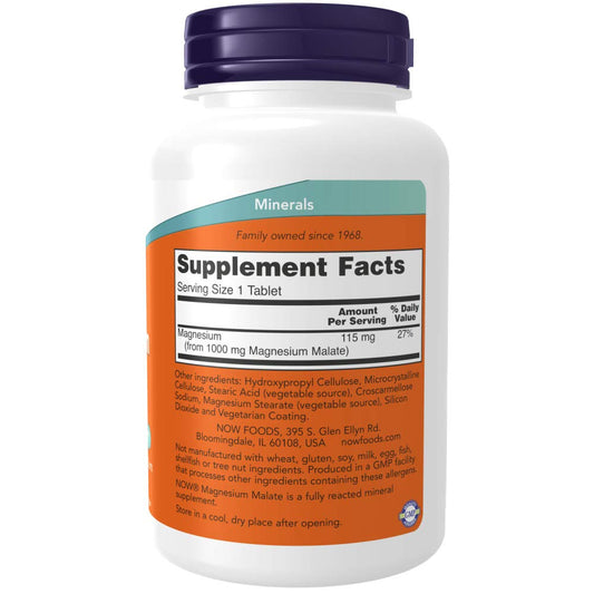 NOW Magnesium Malate 1000mg bottle back label with supplement facts