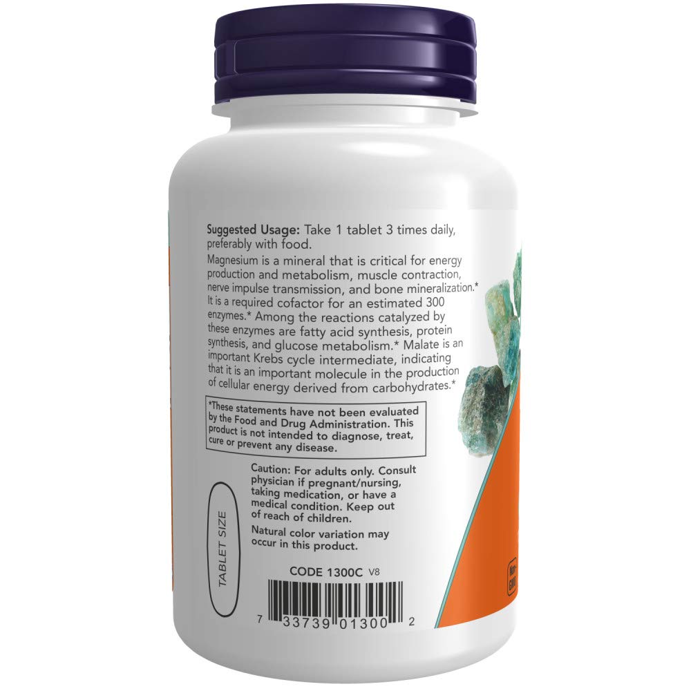 Close-up of NOW Magnesium Malate 1000mg label