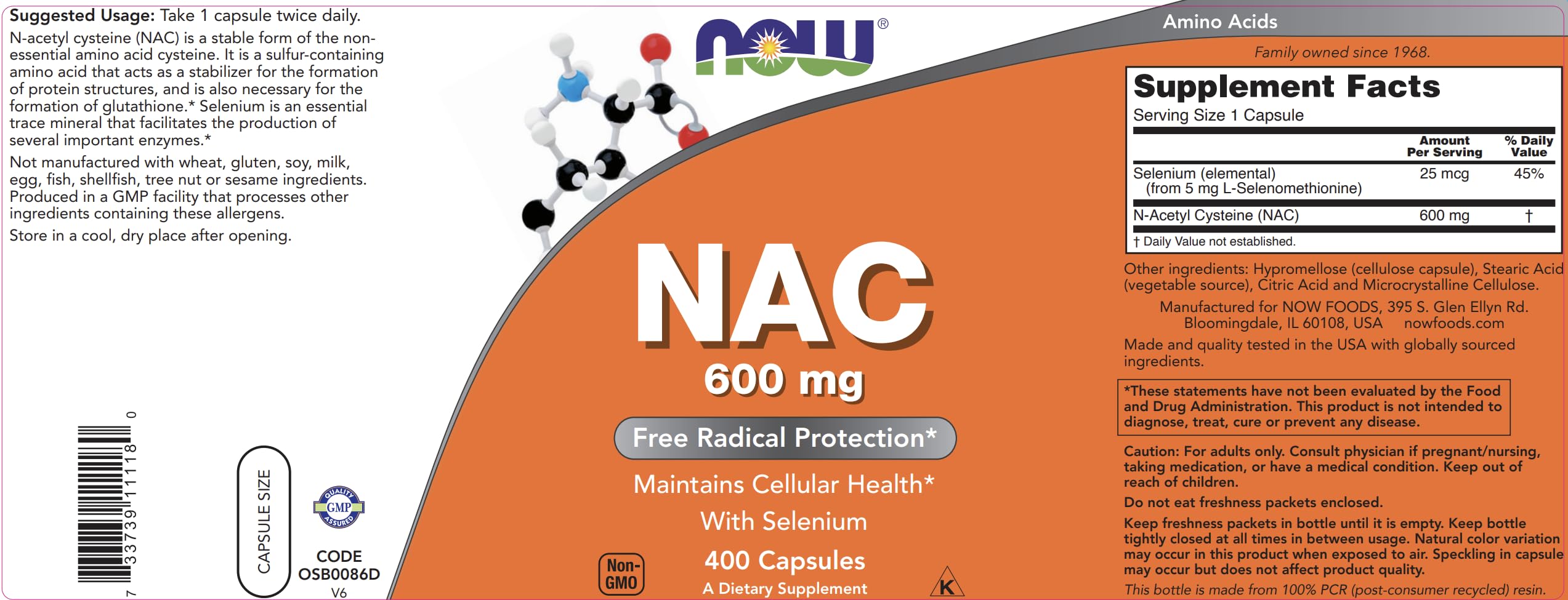 NOW Foods NAC 600 mg 400 capsules with Selenium on white background