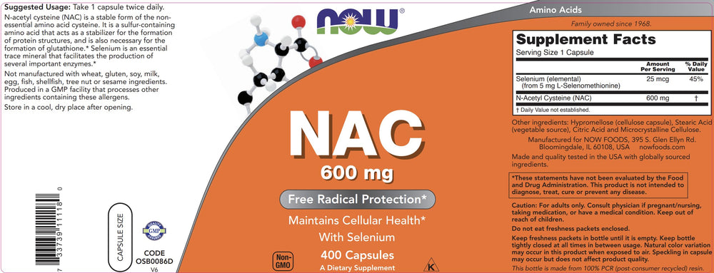 NOW Foods NAC 600 mg 400 capsules with Selenium on white background