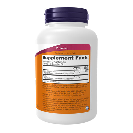 Close-up of NOW Foods Niacin 250 mg Flush-Free packaging