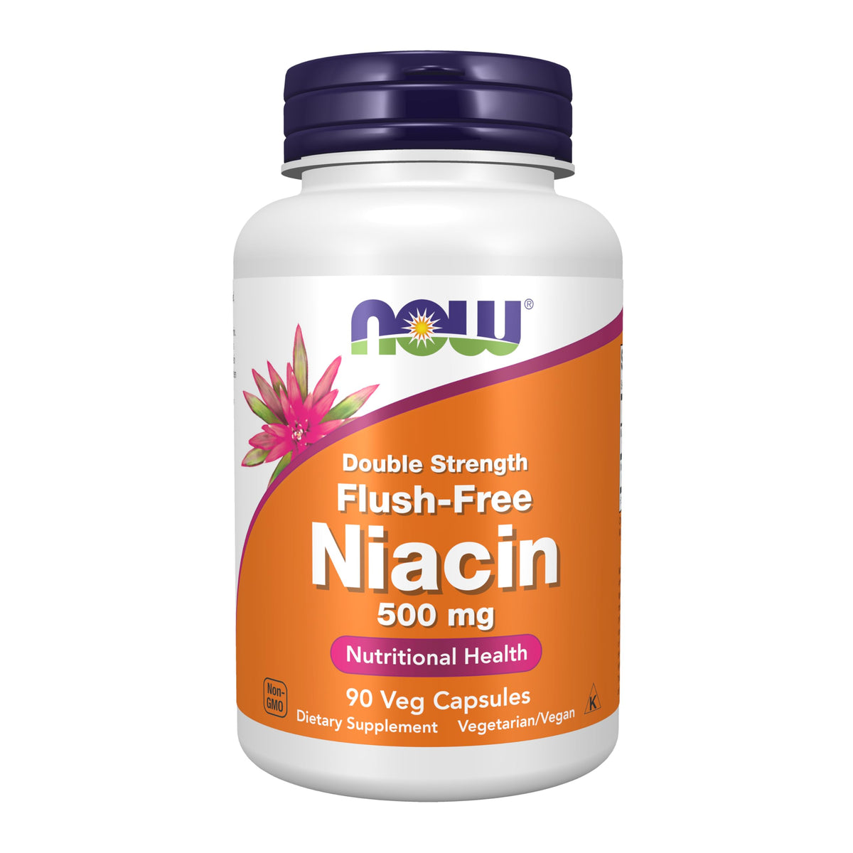 NOW Foods Niacin 500 mg Flush-Free Veggie Capsule bottle close-up