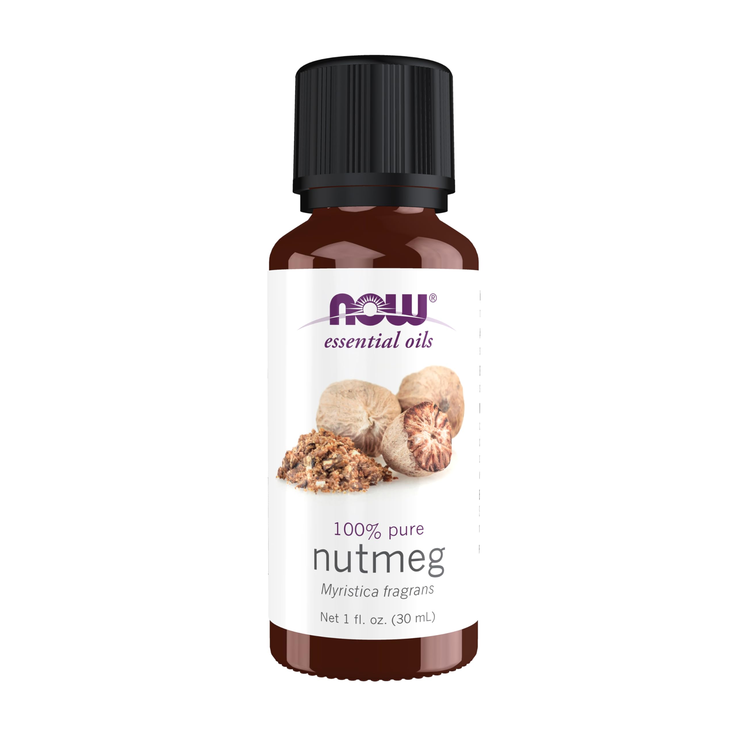 NOW Nutmeg Essential Oil 1oz bottle labeled Energizing Aromatherapy