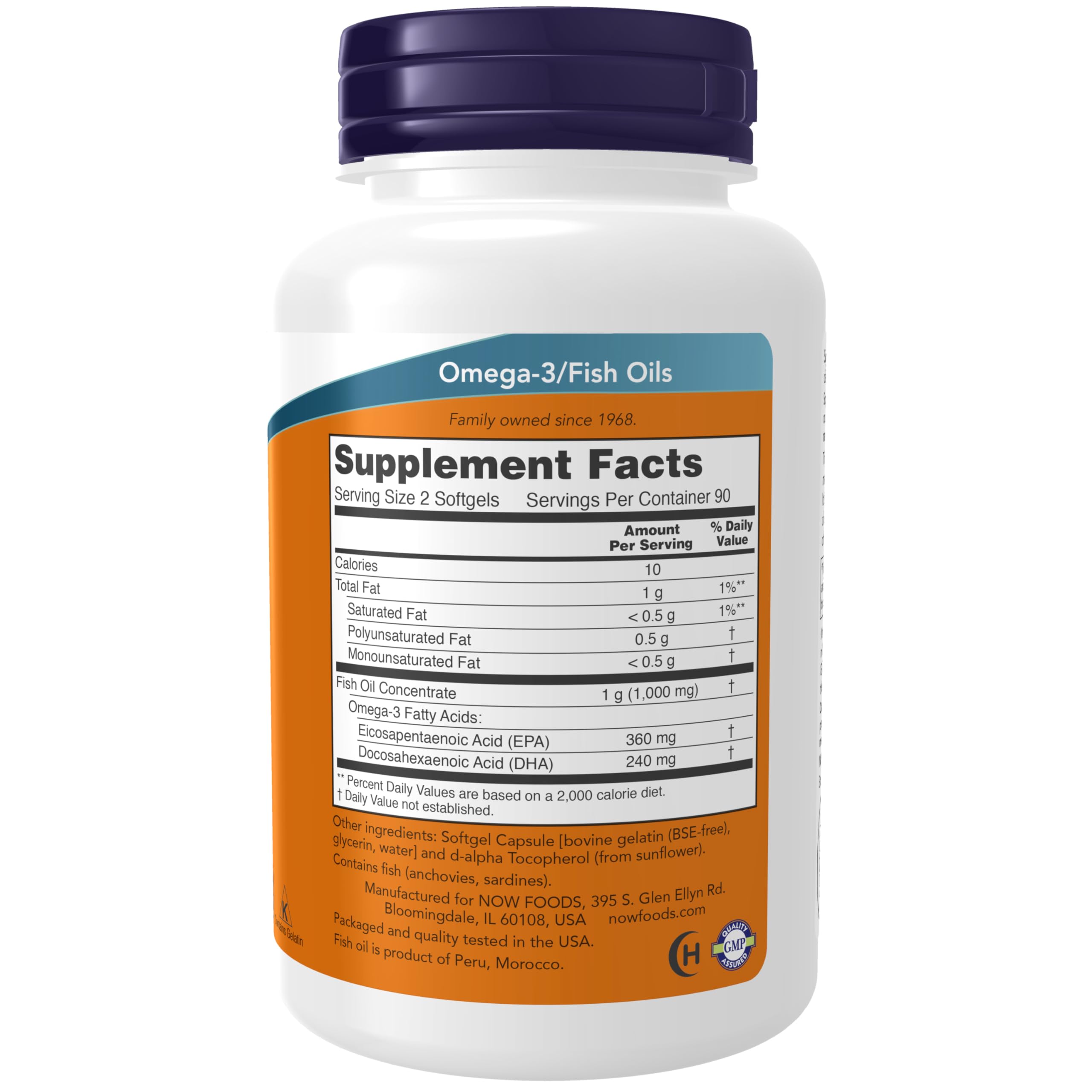 NOW Omega-3 Mini Gels nutrition label showing 180 EPA and 120 DHA