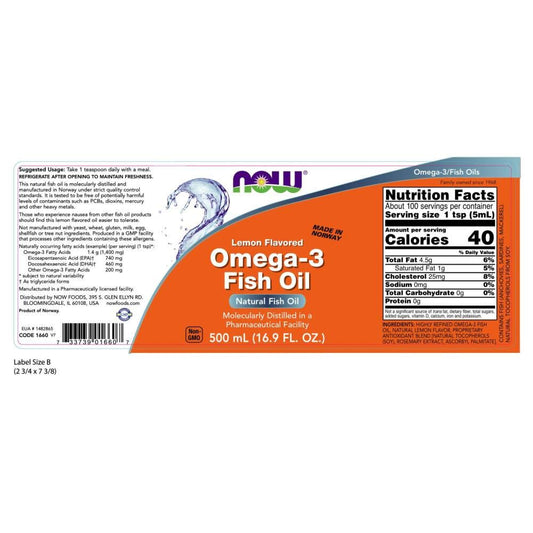 NOW Omega-3 Fish Oil Lemon Flavor bottle label close-up