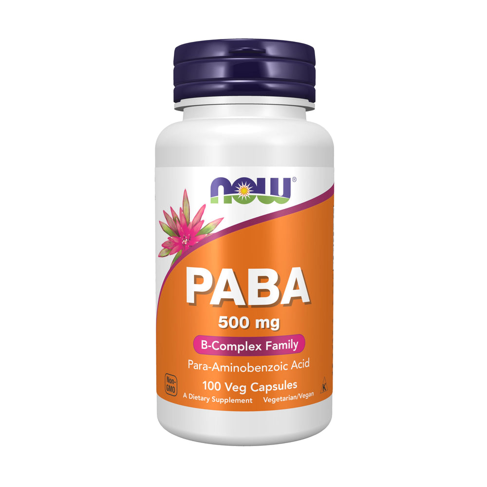 NOW PABA 500 mg bottle with B-Complex Family, 100 capsules