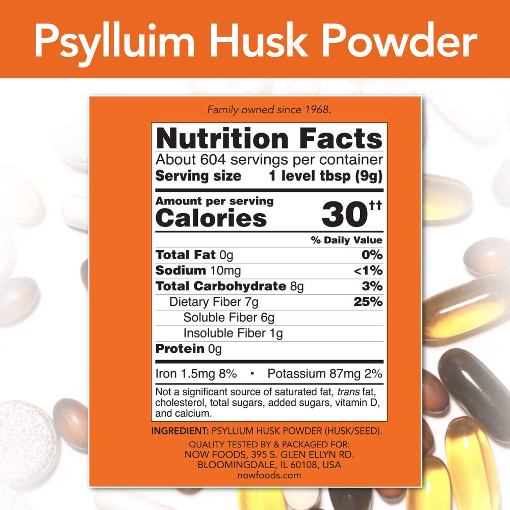 NOW Psyllium Husk Powder 12-Pound container back label with nutrition facts