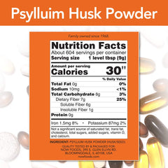NOW Psyllium Husk Powder 12-Pound container back label with nutrition facts