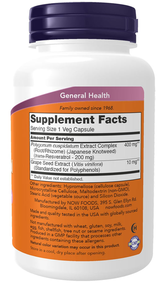 Capsules and bottle of NOW Resveratrol with red wine extract