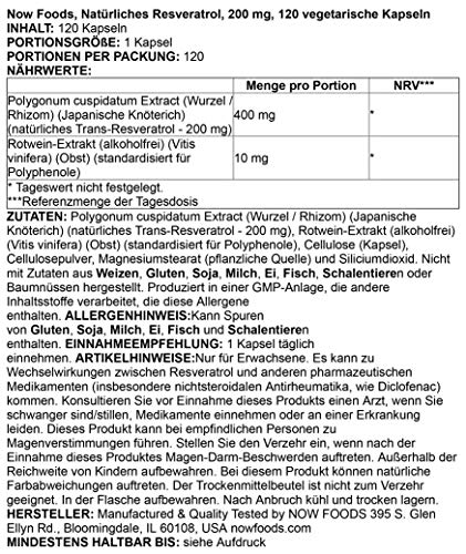 Nutrition facts for NOW Resveratrol 200 mg with red wine extract
