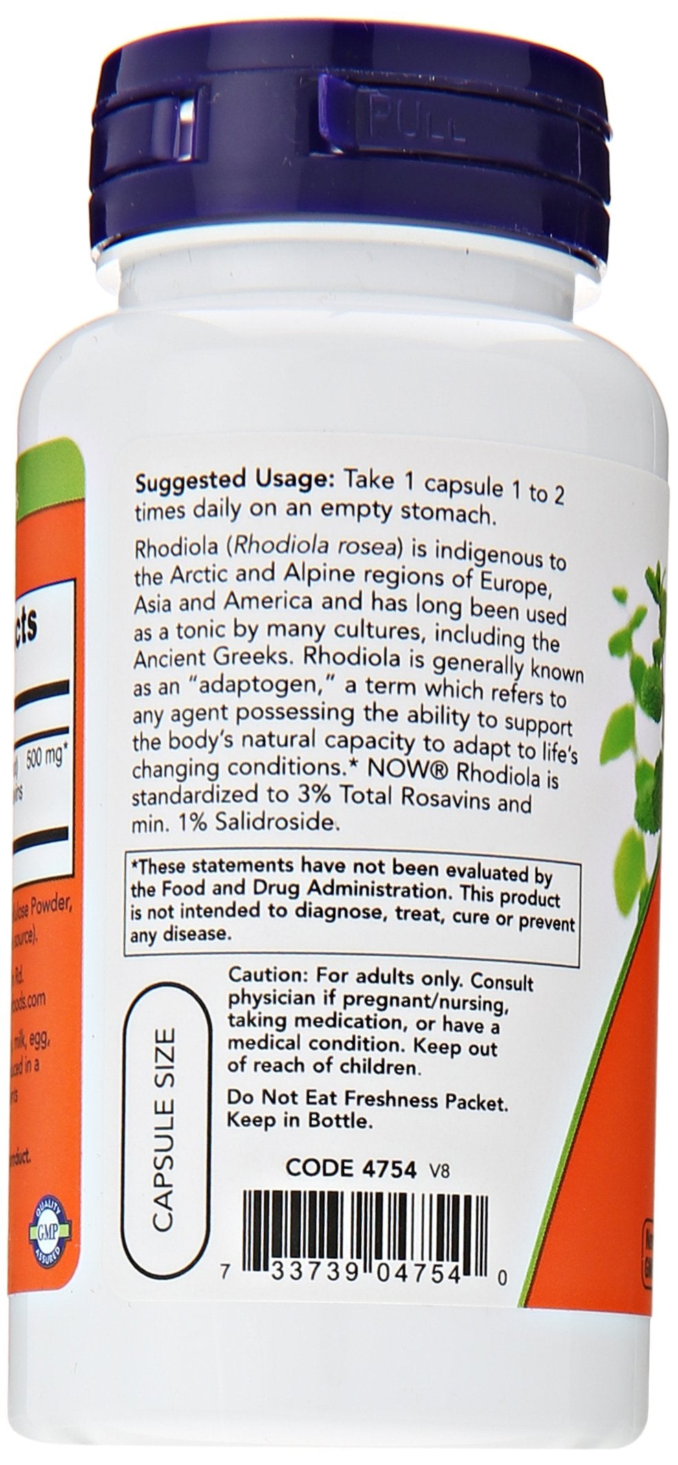 Close-up of Rhodiola Rosea 500mg supplement label showing standardized extract